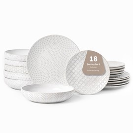 FOBENTA 18-Piece Embossed Ceramic Dinnerware Set–6 Dinner Plates,6 Salad Plates,6 Pasta Bowls,Elegant & Durable Tableware,Dishwasher & Microwave Safe,Perfect for Family & Entertaining