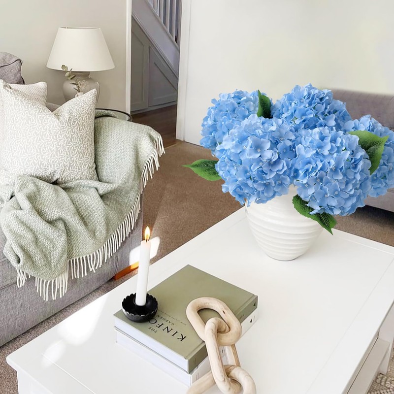 JINWOE Blue Flowers Hydrangea Artificial Flowers, 5Pcs 20Inch Large Lifelike