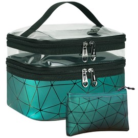 2Pcs Large Capacity Travel Makeup Bags, 9.1 * 6in Waterproof Double Layer Cosmetic Bags, Portable Toiletry Bag with Compartment for Travel Bathroom (Green)