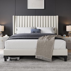 Yaheetech Yaheetech Queen Bed Frame Upholstered Platform Bed with Fabric Headboard, Wing Edge Design/Non-Slip and Noise-Free/Wooden Slats Support/No Box Spring Needed/Easy Assembly, Beige Queen Bed