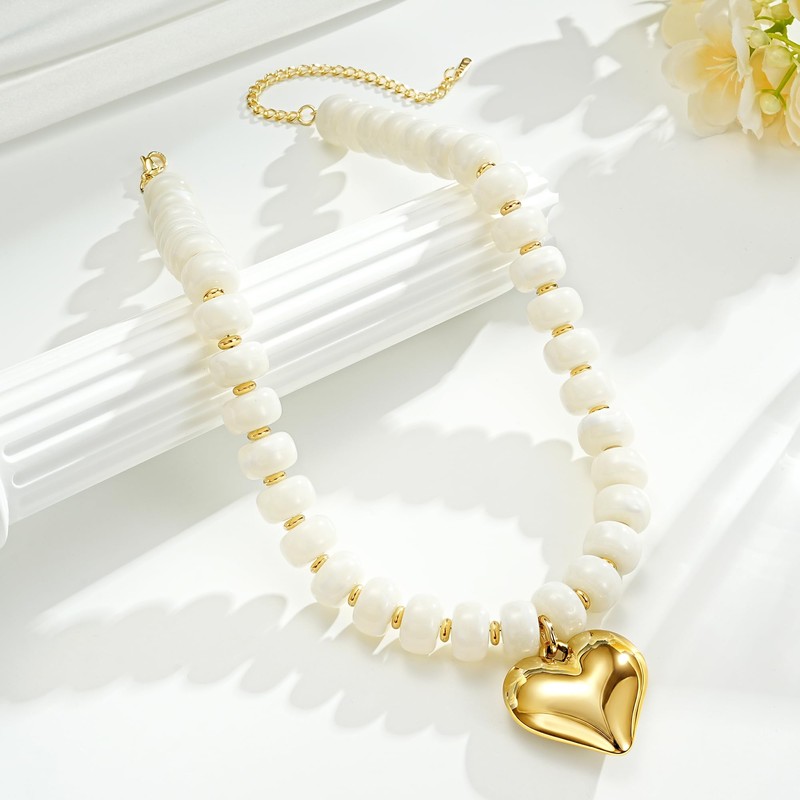 JIAOGE White Beaded Necklaces for Women, Heart Statement Chunky Necklace