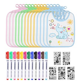 TIDEVAN Pack of 14 Baby Bibs for Painting, 22 x 18 cm Bibs White Bibs Painting Baby Shower with 12 Coloured Textile Pens and 5 Painting Stencils for Baby Shower Party Boys Girls