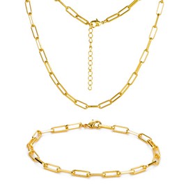 14K Gold Plated Paperclip Link Chain Necklace Bracelet for Women Dainty 4mm Thick Oval Link Chain Bracelet Summer Link Choker Necklace Bracelets Jewelry Set (Gold)