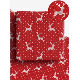 4 x Red Christmas Wrapping Paper Reindeer Knitting - Premium Recyclable Eco Friendly Xmas Gift Wrap Sheets 70cm x 50cm Made from 100% Recycled Paper