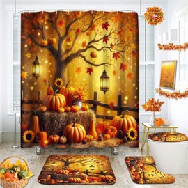 ArtSocket Fall Bathroom Set with Shower Curtain and Rug and Accessories, Autumn Pumpkin Sunflowers Harvest Thanksgiving Rusitc Forest Farmhouse Shower Curtain Set for Bathroom Decor 4 Pcs