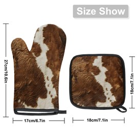 TULIMET Cow Print Vintage Brown Oven Mitts and Pot Holders Sets, 2 Pcs Cow Decorative Kitchen Oven Glove for Cooking