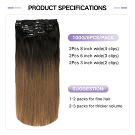 Sindra Clip-In Human Hair Extensions, 35 cm, 100 g, 6 Pieces, Natural Black to Dark Brown Hair Extensions, Clip-In Real Hair, Remy Clip-In Hair Extensions, Natural Real Hair Extensions, #1BT4, 14