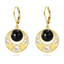Sterling Silver Black Onyx Earrings 18K Yellow Gold Plated Boho Pearl Leverback Dangle Earrings Jewelry Christmas Gifts for Women