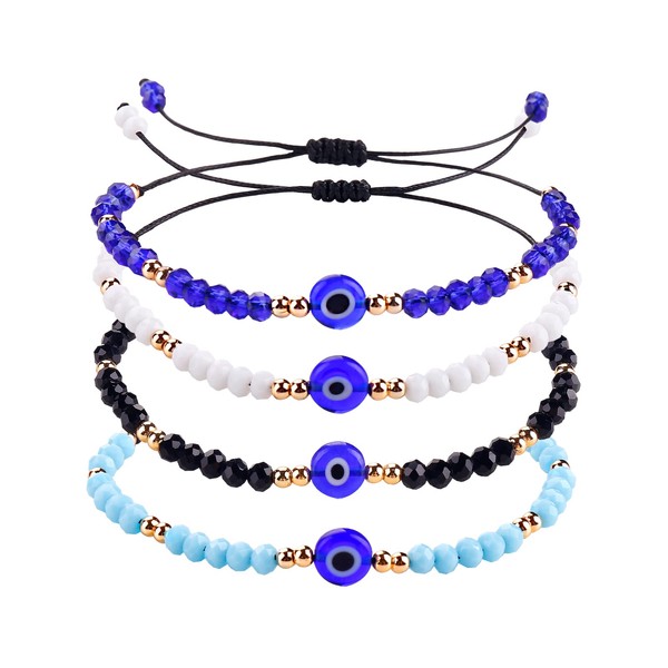 KIYSI 4 Pcs Evil Eye Beaded Bracelets, Dainty Hand Made