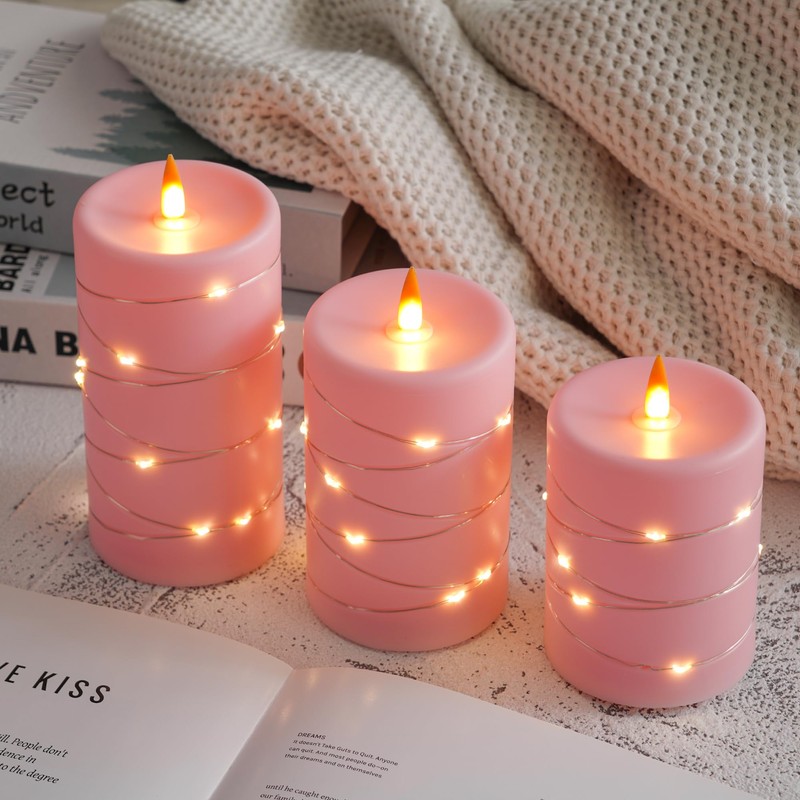 Fanzir Rose Pink Flameless Candles with String Lights Battery Operated