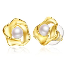 6mm White Button Freshwater Cultured Pearl Stud Earrings for Women - Yellow Gold Plated 925 Sterling Silver Post Earrings Gift