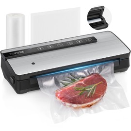 Vacuum Sealer for Food - 90kpa Vacuum Sealer Machine with Bags Storage and Built-in Cutter, Food Sealer with External Vac Function, Dry Moist Modes, Bag Roll included, Stainless Steel