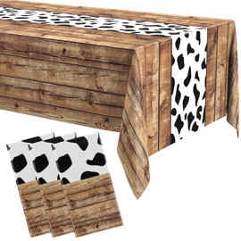 Remagr 3 Pcs 54 x 108 Inch Cowboy Table Cloth with Cow Print Rodeo Western Wild Highland Rustic Plastic Cowgirl Long Table Runner Covers for My First Rodeo Party Farm Party Decorations