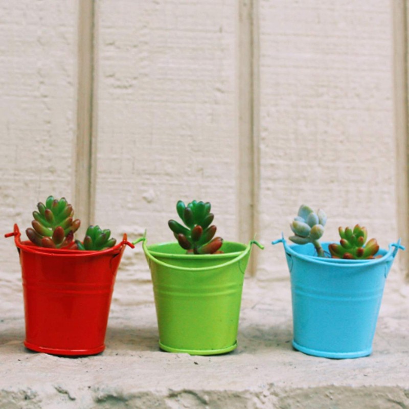 Honbay 2PCS Mini Blue Metal Buckets Tin Pail Containers Decorative