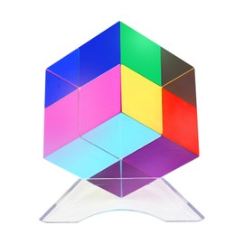 KMQRDZi CMY Colour Cube with Stand, CMY Mixing Color Cube, Acrylic Prism, Decorations for Home Office, Scientific Learning, Decorative RGB Dispersion Coloured (50mm/1.97inch)