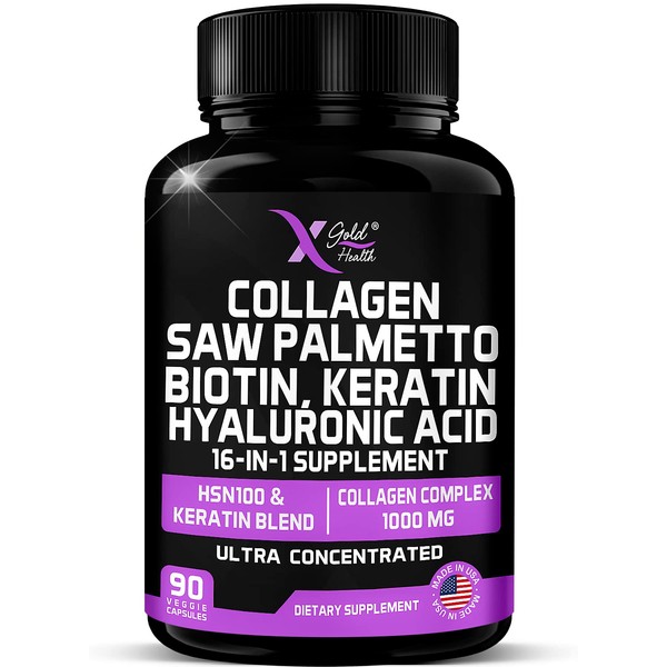 Collagen, Saw Palmetto, Biotin, Keratin, Keratin & Hyaluronic Acid - 16-in-1 Beauty Supplement with Vitamin C & E, Collagen Complex, Keratin Blend & HSN100 - Hair, Skin & Nail Growth - 90 Capsules
