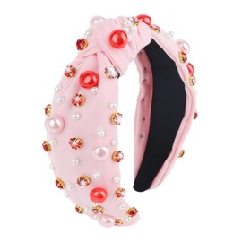 Valentines Day Headband Pink Pearl Knotted Headband Sparkly Rhinestone Pearls Top Knotted Headband Fashion Accessories Cute Hair Bands