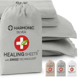 HARMONIC SILVER Silver Ion Infused Belgian Flax Linen with Eucalyptus Bed Sheet Set | Stone Washed | Ultra Soft | Cooling for Hot Sleepers | 18" Deep Pocket | Cal King Size [Grey]