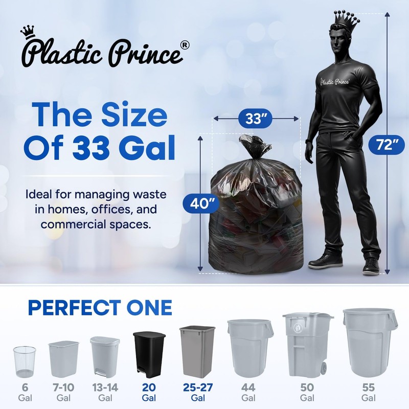 PLASTIC PRINCE 33 Gallon Garbage Bags High Density Black 33"