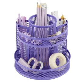 Annova Desk Organizer Rotating with 5 Compartments Round Rotating Candy Pen Desk Supplies Office Art Supplies Storage Classroom Home (Purple)