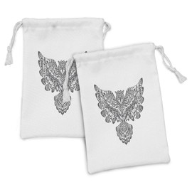 Ambesonne Owl Print Fabric Pouch Set of 2, Illustration of a Single Monochrome Animal in Bohemian Style Open Wings, Small Drawstring Bag for Toiletries Masks and Favors, 9" x 6", Dimgray and White