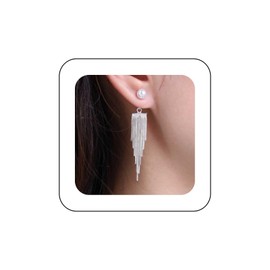 Aneneiceera Vintage Pearl Smooth Chain Earrings Metal Smooth Chain Tassel Earrings Long Silver Fringe Chain Earrings Wedding Pearl Stud Earrings Jewellery for Women and Girls, Zinc