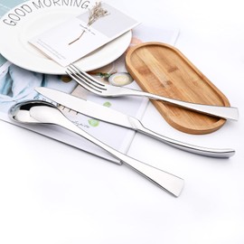 Snplowum 24-Piece Silver Flatware, Mirror 18/10 Stainless Steel Modern & Luxury Dinnerware Set With Serrated Steak Knife Teaspoon For Daily Use or Dinner Party Restaurant - Service For 4