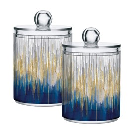 xigua 4 Pack Apothecary Jars with Lid, Gold & Blue, Qtip Holder Storage Jars for Cotton Swab, Cotton Round Pads, Clear Plastic Canisters for Bathroom Vanity Organization (10 Oz)