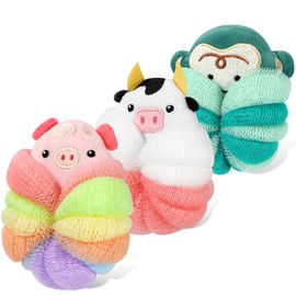 PHOGARY 3 Pack Bath Loofahs Shower Sponge Balls, Animal Mesh Pouf, Children Shower Puff Bath Sponges Body Scrubber Exfoliator for Shower Lather Cleanse