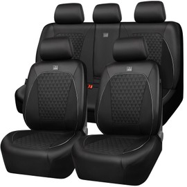 CAR PASS Leather Car Seat Covers Gel Wetsuit PU Full Set Seat Cover Waterproof EVA All Weather Neoprene Universal Fit Pickup SUV Truck Sedan Automotive, Armrest Airbag Compatible, Rhombic Silver Strip