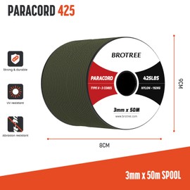 Brotree 3mm Paracord 425 100% Nylon 50M Rope 3 Strands Type II Parachute Cord for Outdoor, Craft, DIY - 192kg Breaking Load (Army Green)