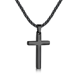 Fiusem Cross Necklace for Men, Black Mens Cross Necklaces with 2.5mm Cross Chain, 316L Stainless Steel Wheat Chain 20"