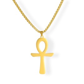 Amaxer Egyptian Ankh Symbol Necklace for Men Stainless Steel Box Chain Ancient Egypt Jewelry (gold)