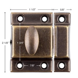 Large Stamped Antique Brass Cabinet Door Latch - 2 1/8" × 2 1/8" - Pack of 2 - Spring Loaded Cupboard Door Latch with Oval Turn - Vintage Cabinet Hardware | UA-140-LAB (2)