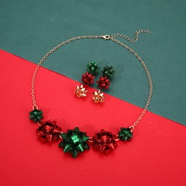 HZEYN Christmas Bow Necklace Earrings Red Green Christmas Bows Choker Necklace Bow Stud Earrings Xmas Holiday Gifts for Women (Green Red Green Glitter)