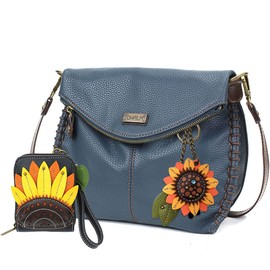 CHALA Vegan Leather Charming Crossbody Handbag with Sunflower Key Fob and Mini Wallet (Navy_ Sunflower Combo)