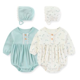 MAMIMAKA Newborn Baby Girl Clothes 4 Pack Cotton Bubble Rompers Infant Outfit Floral Long Short Bodysuit, 3-6 Months