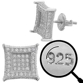 Real Solid 925 Sterling Silver - Men's Earrings - Iced CZ 10mm Kite Earrings Screw Backs - Flooded Out Aretes