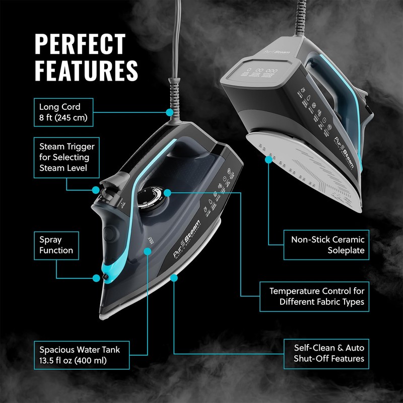 Pursteam SteamBurst+ 1750W Steam Iron, Ceramic Soleplate, Adjustable Steam, Burst