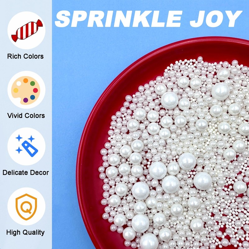 Sprinkles for Cake Decorating, White Pearl Sprinkles 4 Sizes Mix