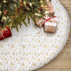 FOGAWA Christmas Tree Skirt 90cm/36in White Xmas Tree Skirt Plush Faux Fur Christmas Tree Base Cover Christmas Tree Mat Gold Snowflake Tree Skirt for Christmas New Year Holiday Party Home Decor