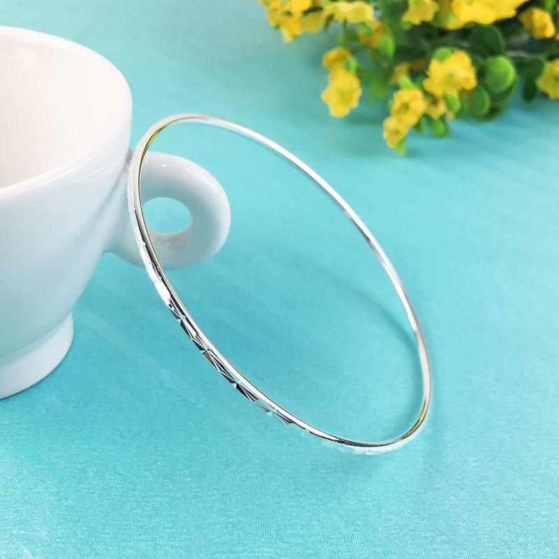 Mecool S925 Sterling Silver Bangle Bracelet with Simple Carved Flower