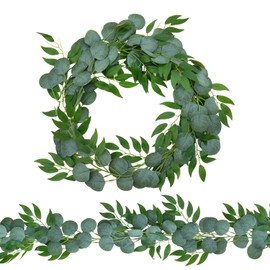 Paquete de 2 guirnaldas artificiales de eucalipto de 2 m cada una, hojas artificiales verdes para decoración de manto, mesa, decoraciones de boda, guirnaldas DIY