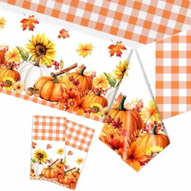 Fall Tablecloth, 2 Pack Thanksgiving Tablecloths Pumpkin Maple Leaves Plastic Table Cloth Disposable Rectangle Plaid Autumn Table Cover for Thanksgiving Day Party Decorations Tables Decor, 54x108 Inch