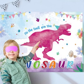 Pin The Tail on The Dinosaur Game -Dinosaur Party Games for Kids Girls with 21'' x 28'' Poster, Reusable Pink Tails Party Supplies for Kids Girls Birthday Party Favor Sets