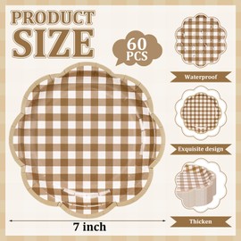 JarThenaAMCS 60 Pcs Brown Gingham Plaid Paper Plates Dessert Plates 7 Inch Brown White Scalloped Checkered Disposable Decorative Dinner Plate for Birthday Baby Shower Party Supplies
