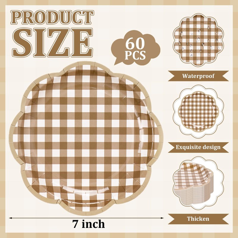 JarThenaAMCS 60 Pcs Brown Gingham Plaid Paper Plates Dessert Plates