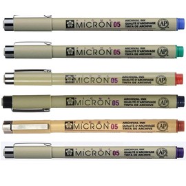 Sakura PIGMA Micron 05 Fineliner Pen, Ass't Colours, Set of 6, Black, Brown, Red, Green, Purple, Blue