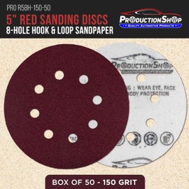ProductionShop Premium 5" Red 8-Hole Pattern 150 Grit Sanding Discs, Box of 50 - Dustless Hook & Loop Backing Sandpaper for Random Orbital Sanders, Medium-Fine-Cut Abrasive - Woodworking, Auto Paint