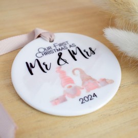Our First Christmas as Mr & Mrs 2024 Hanging Decoration. Pink Gink Couple White Ceramic Ornament for Newlyweds. Wedding Gift. Xmas Tree Keepsake Bauble